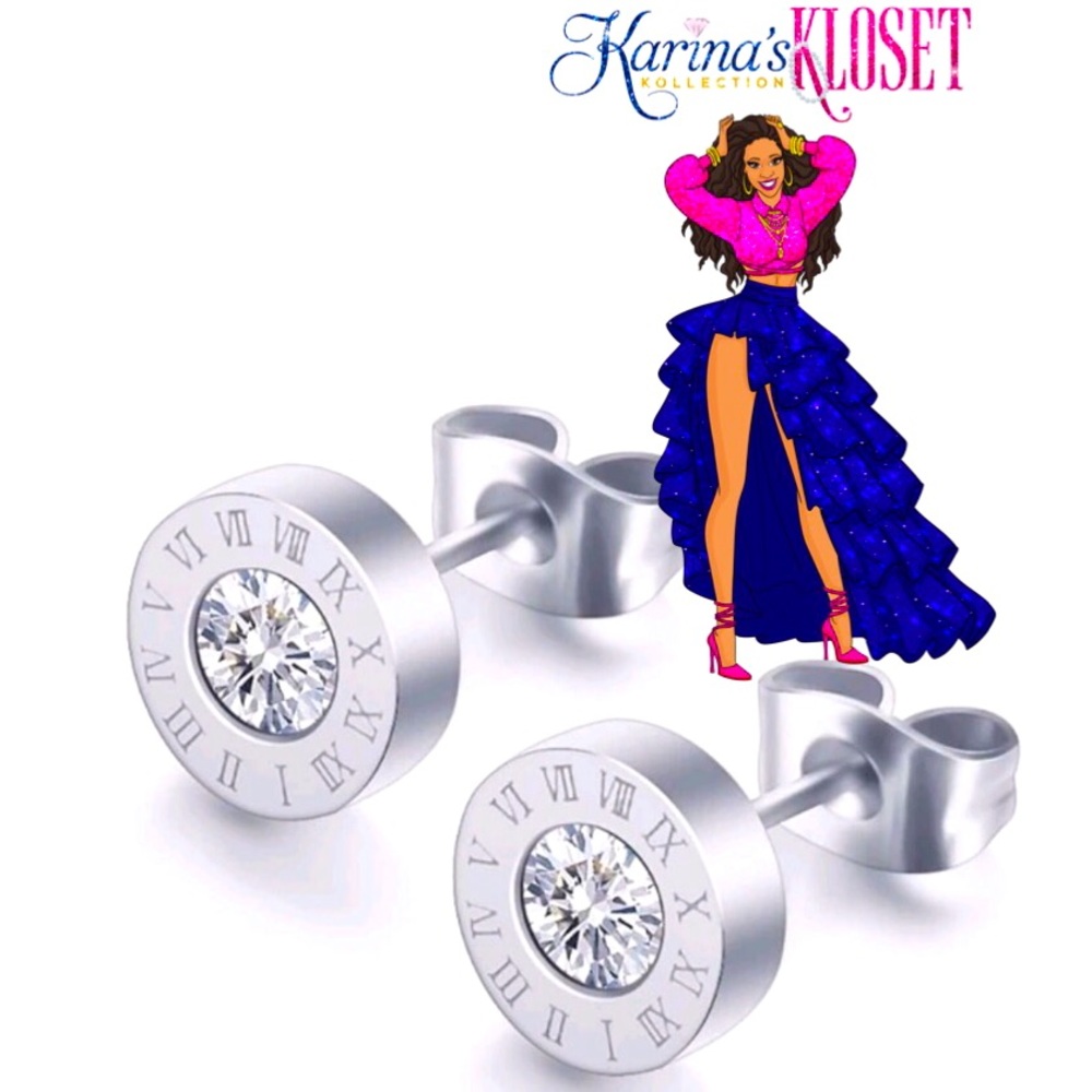 🎀 Swarovski & Silver Roman Numeral Stud Earrings 🎀, Stainless Steel Studs